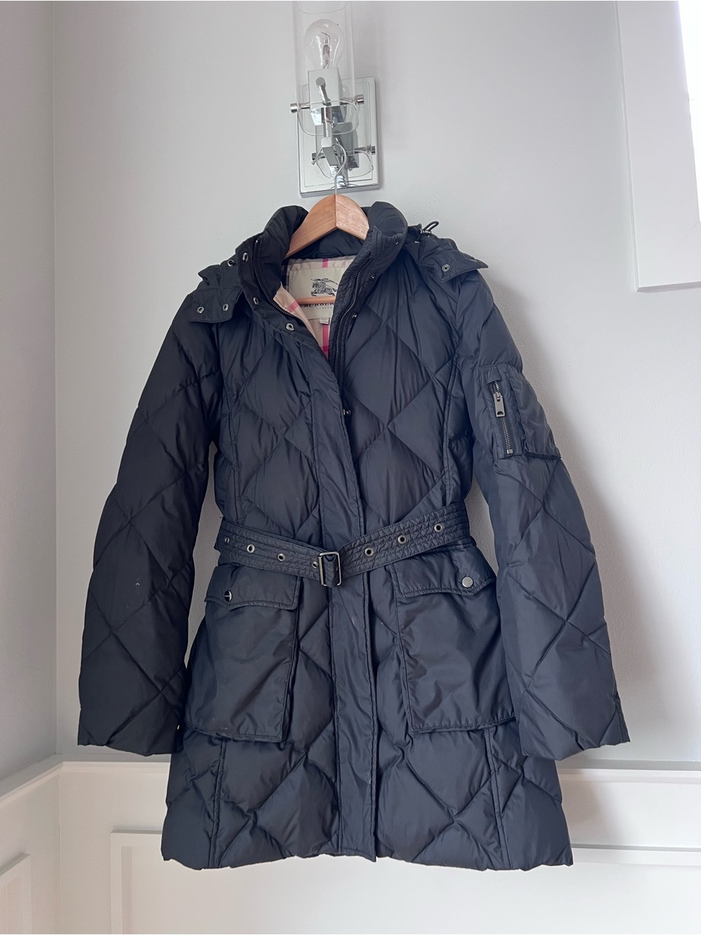 Black Quilted Belted Women's Coat